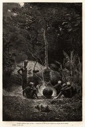 Kanaks cozinhando no bosque, no território de Pamale. Engravure pour illustrrer le voyage à la Nouvelle Caledonie, de Jules Garnier, engenheiro civil de minas, em 1863-1866, publicado no "Le tour du monde, nouveau journal des voyages", editado por Edouard 