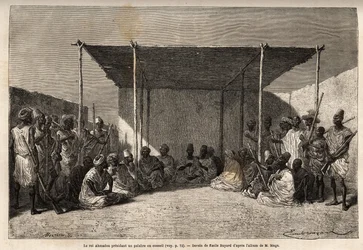 O rei Ahmadou presidindo a um conselho ou palabro do império tucouleiro em Segou Sikoro (Mali), os sábios se sentam e os guerreiros se põem, o rei segura em suas mãos um rosário muçulmano. Gravura para ilustrar a viagem ao Sudão Ocidental do Tenente (Marin