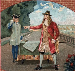 Rei James II de Inglaterra (James II Stuart) (1633-1701) durante a sua estadia no castelo de Saint-Germain-en-Laye (Saint Germain en Laye). Cromolitografia do final do século XIX