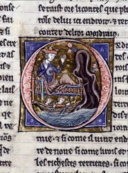 Rei Modreius. Manuscrito: Conquista do Saint Gréal, escrito 717 anos após a paixão do nosso senhor. Bibliotheque municipale de Rennes, ms. 255 (Coleção de romances da Távola Redonda); Paris