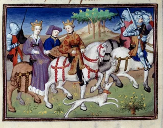 Rei Filipe VI de Valois e a Rainha Branca de Navarra (?) Início da caça Miniatura tirada de "O livro de caça" de Gaston III Fobus, Conde de Foix, Senhor de Bearn (1331-1391)