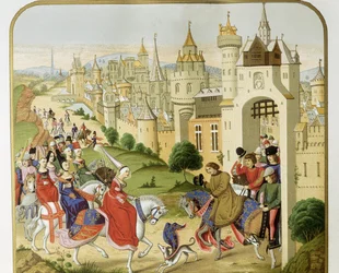 “" Rei de França Carlos IV recebeu a visita de sua irmã Isabel de França, a Rainha de Inglaterra (1292-1358), esposa de Eduardo II, que veio para se refugiar "" De acordo com as crônicas de Jean Froissart. Barcelona do século XIX. Sant Jordi Real Catalão
