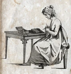 Máquina de tricô: mulher ocupada em tricô de lã (tricô) Gravura no final do século XVIII. Colecção privada.