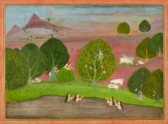 Krishna rouba as roupas das gopis, fólio de um <em>Bhagavata Purana</em>