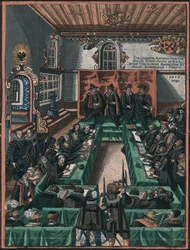 La conference religieuse de Ratisbonne en 1601 - O Colóquio Religioso de Regensburg de 1601, Anónimo . Gravura em cobre, aguarela, c. 1605. Museu Historisches der Stadt Regensburg