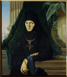 La mera superieure Maria (Margarita Tuchkova) (Madre Superiora Maria (Tuchkova) Higoumene (hegoumene) do convento ortodoxo de Spaso Borodinsky, em 1812, durante a invasão da Grande Armée de Napoleão (1769-1821). Pintura anônima, óleo sobre tela , versão