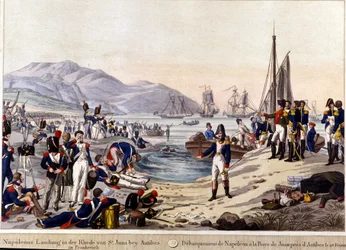 Aterragem de Napoleão I em Antibes, em 1815. Gravura do século XIX.