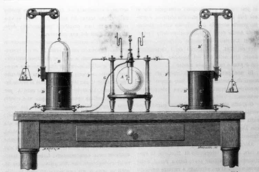 Lavoisier e Laplace aparelho para a formação de água por meio da queima de oxigênio e hidrogênio em um frasco de vidro. Gravura do século XIX.