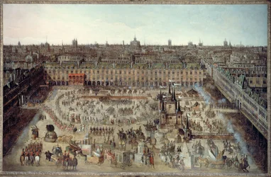 O "Roman des chevaliers de la gloire", um grande carrossel realizado de 5 a 7 de abril de 1612 para celebrar o casamento de Luís XIII com Ana da Áustria, Place Royale, cerca de 1612 (óleo sobre tela)