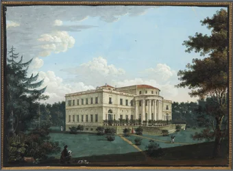 Le palais Elaguine - O Palácio Yelagin em São Petersburgo - Anónimo. Gouache no papel, antes de 1817. Museu Estadual de História de São Petersburgo
