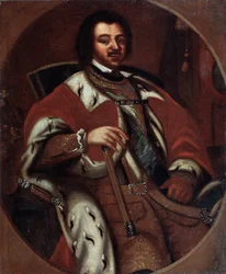 O Imperador russo Pedro I (o Grande) (1672-1725) no seu trono (Imperador Pedro I entronizado). Pintura anónima. Óleo sobre tela, início do século XVIII. Museu Estatal de Arte, Yaroslavi (Rússia).