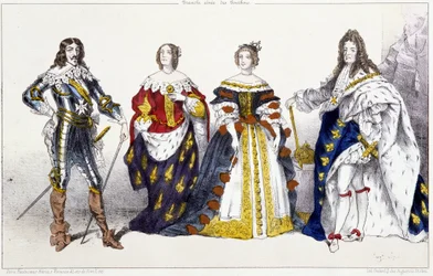 Les Bourbons: Luís XIII (1601-1643) e Ana da Áustria (1601-1666), Marie Therese da Áustria (ou Espanha) (1638-1683) e Luís XIV (1638-1715) - Placa extraída de Reis e Rainhas de França em gravuras, Paris, ed. Swift