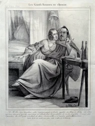 Les grands hommes en chemise Representação do escritor Honore de Balzac (1799-1850) que alistou uma jovem mulher enquanto fumava um cigarro. Ilustração de E. Allet (século XIX) Paris, Maison Balzac