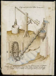 Sistemas de alavanca para poços e abastecimento de água por roda de parafuso - Manuscrito: folha de pergaminho de um manual de engenharia para a construção de edifícios civis, religiosos e militares, anônimo, final do século XV (figura na tinta da China)