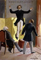 Experiência de levitação. cromolitografia do final do século XIX...