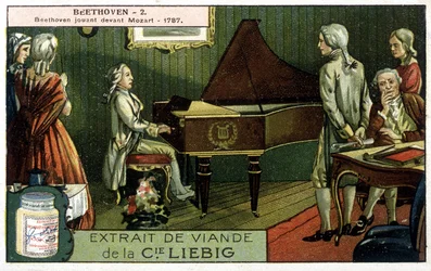 Cromolitografia de Liebig. Ludwig van Beethoven (1770/1827) toca antes de Wolfgang Amadeus Mozart (1756/1791). Aqui, em 1787.