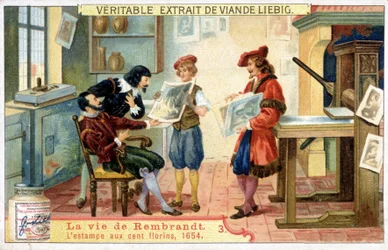 Cromolitografia de Liebig sobre a vida de Rembrandt (1606 - 1669) Pintor holandês. Esta é a impressão de 100 florins em 1654.