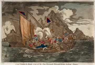 Tenente Turner e tripulação do navio "Tea", feitos prisioneiros pelos piratas de Ladrone, c.1800 (água-tinta colorida)