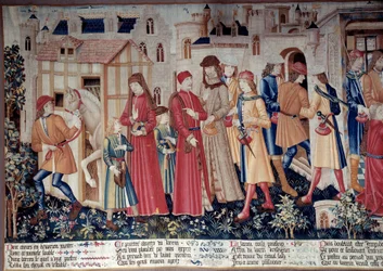 Vida de São Quintino: Milagre de São Quintino (Legende Doree). Tapeçaria de São Quintino (Fragmento de Esquerda), cerca de 1480. Museu do Louvre, Paris.