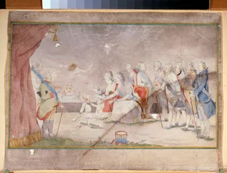 Imperatriz Catarina II com sua família e cortesãos (Imperatriz Catarina II com sua família e cortesãos) - Trabalho anônimo, aquarela e tinta sobre papel, final de 1780