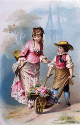 Pequeno jardineiro: um jovem menino com um carrinho de mão cheio de flores conversa com uma jovem a caminho de uma aldeia. cromolitografia 1880.
