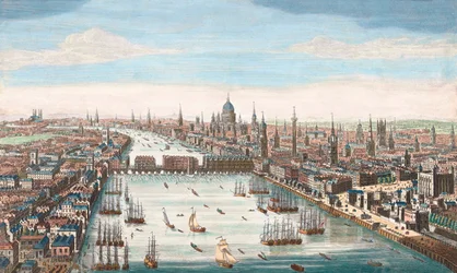 Londres no século XVIII, vista pelo rio Tamisa acima até à London Bridge e à Catedral de São Paulo