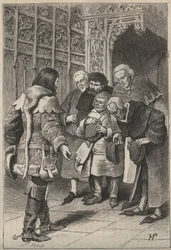 Lord Patrice Charteris e os burgueses de Perth - ilustração do romance histórico "The Pretty Girl of Perth" ou Dia dos Namorados (Dia de São Valentim; ou, The Fair Maid of Perth) de Walter Scott (1771-1832)