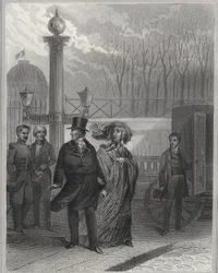 Louis Philippe e sua família fora do Palácio das Tulherias - Abdicação de Louis-Philippe I, 24 de fevereiro de 1848 e estabelecimento da Segunda República - Revolução de fevereiro de 1848. O povo invadiu as Tulherias em 24 de fevereiro de 1848 seguindo os 