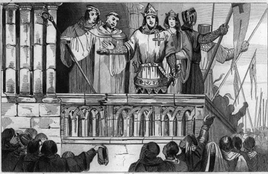 Luís VII (1120-80) o Jovem levanta o apoio para a Segunda Cruzada em 1144 - Luís VII realiza a Segunda Cruzada após o conselho de São Bernardo de Clairvaux (San Bernardo di Chiaravalle) - Gravura 1825 na "Histoire de France" representada por sinóptico