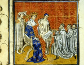 Louis X (1289 - 1316) concede um alvará aos judeus do reino - Redenção pelos judeus, em 1315, do seu direito de retornar ao reino da França, após a expulsão de 1308 por Filipe, o Bel. Eles são identificáveis pela roda branca e vermelha. Illumina