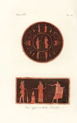 Lysander e Agesilaus II de Esparta (topo) e Hércules em pele de leão com clube em sacrifício com Deíphobus, Rei de Amiclea em Laconia, e sua esposa (fundo)