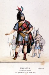 Macbeth personagem em traje de guerreiro na ópera homônima de Giuseppe Verdi (1813 - 1901) após o trabalho de William Shakespeare. 1847. Gravura.