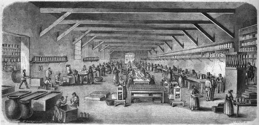 Fabricação de mostarda e conservas em Louit freres em Bordeaux. Sala de garrafas e embalagem. Gravura a partir de 1865.