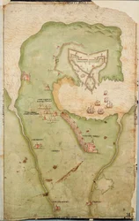 Mapa de Smerwick, Irlanda, mostrando a terraplenagem inglesa com dois canhões para atacar o forte espanhol e soldados ingleses a marchar para fora de Castell More