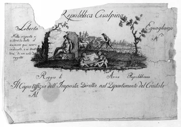 Mapa da República Cisalpina (Cisalpina), criado por Napoleão Bonaparte em 27/06/1797 no modelo francês na Itália, que se tornou a República Italiana em 1802. Os valores da República Francesa estão nele consagrados (Liberte, Egalite). Gravura Museo del ri