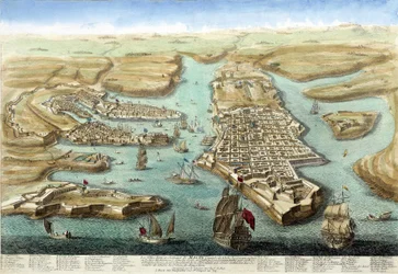 Mapa do porto de Malta, das suas fortificações e do castelo. Gravura do século XVIII.