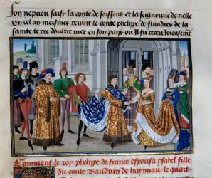 Casamento de Philippe Auguste (1165-1223) e Isabelle de Hainault (28 de Abril 1181). Miniatura em "Crônicas dos Imperadores" de Loyset Liedet (1420-1479)