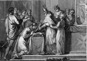 Casamento de Sigebert I (535-575), Rei da Austrália e Brunehaut (ou Brunehilde, 543-613), 566. Gravura do século XVIII.