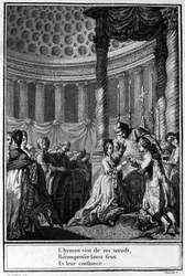 Casamento com a Igreja. "O hímen vem dos seus nós para recompensar os seus fogos e a sua confiança." Gravura francesa do século XVIII.