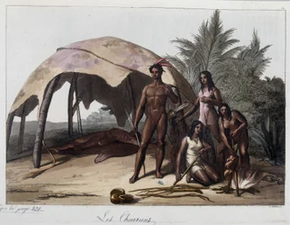 Refeições nos charruas, índios do Paraguai. Em "The Old and Modern Costume" 1818-1820, de Ferrario.