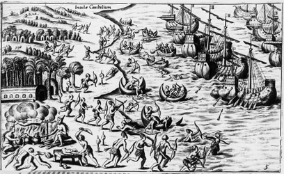Encontro entre o povo de Cristóvão Colombo e os Canibais - no "Nova Tipus Transacto Navigatio Novi Orbi" de Philoponus Honorius