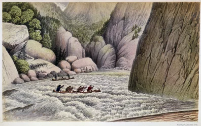 Homens em Canoagem Descendente Rapids: "An escape at the fourth rapid" - in "Exploration of the Labrador Peninsula" by Hind, London