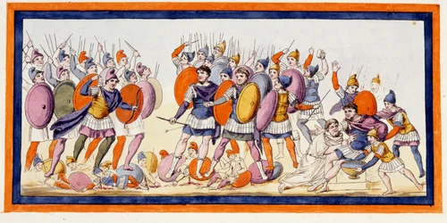 Menelas (à direita), um guerreiro grego acaba de ser ferido por uma flecha de um aliado dos troianos. A Ilíada, canção IV. Gravura do final do século XVIII.