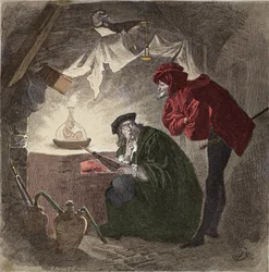 Mefistófeles (Mephisto), uma ilustração de Fausto para «Faust» de Johann Wolfgang von Goethe (1749-1832), ilustração para «Faust» de Goethe, gravura