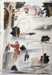 Método para capturar aves em laço, do livro "Trujillo del Peru" ou "Códice Martínez Compañón", de Baltazar Martinez Compañón y Bujanda, bispo de Trujillo (1782-1785)