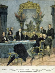 Ministros do novo governo "Crispi": da esquerda para a direita Almirante Morin, General Mocenni, Francesco Crispi, Senador Calenda, P. Boselli, Sidney Sonnino, Maggiorino Ferraris, G. Faccelli e Senador A. Blanc