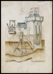 Sistema de passagem do fosso por alavanca - Manuscrito: folha de pergaminho de um manual de engenheiro para a construção de edifícios civis, religiosos e militares, anónimo, final do século XV (figura em tinta chinesa)