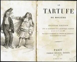 Moliere assustando um eclesiástico usando uma máscara de teatro - Frontispice du "Tartuffe" (Tartufe) de Molière, ed. Hingray, Paris