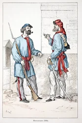Montagnards (1848). Gravura colorida, para ilustração do livro "Histoire du corps des gardiens de la paix" publicado sob os auspícios de Louis Lepine (1846-1933) prefet de police de la Seine, de Alfred Rey (1864-?) e Louis Feron (1862-?) , editi