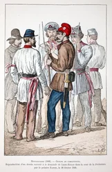 Montagnards (1848), um grupo de combatentes, um dos quais usa o barrete frígio e a cocarda revolucionária. Água-forte a cores, reprodução de um desenho executado a pedido de Alexandre Ledru-Rollin (1807-1874) no pátio